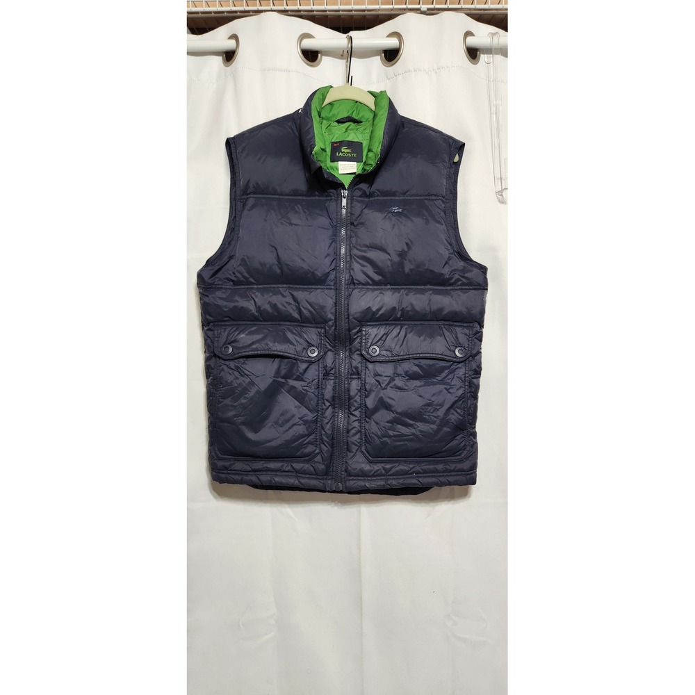 Lacoste Mens Navy Blue Quilted Down Puffer Vest Green Lining Size 48/3 Medium